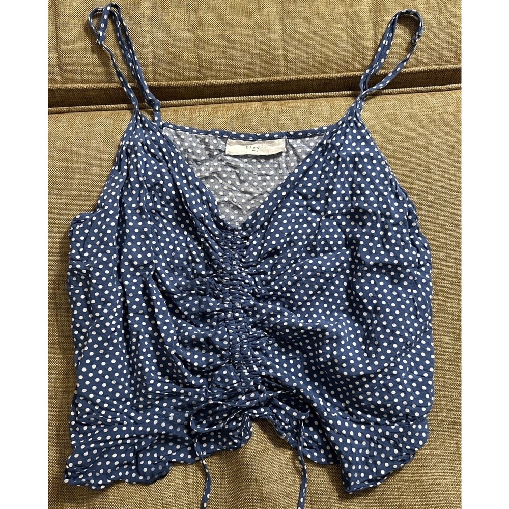 Elodie Women's Blouse Tank Blue White  Polka Dots‎ Adjustable Spaghetti Straps L